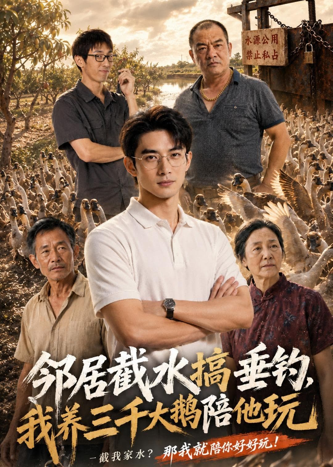 邻居截水搞垂钓，我养三千大鹅陪他玩海报